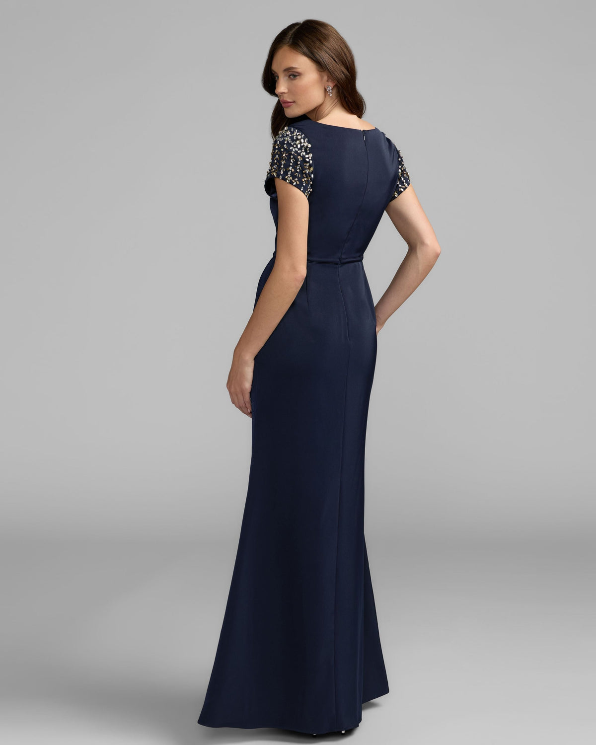 Mac Duggal Navy Beaded Cap Sleeve Satin Column Gown