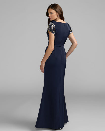 Mac Duggal Navy Beaded Cap Sleeve Satin Column Gown