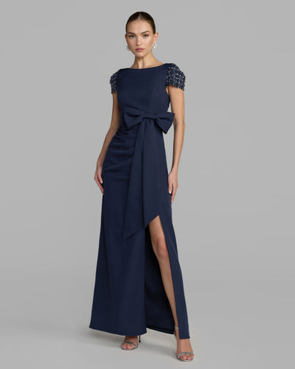 Mac Duggal Navy Beaded Cap Sleeve Crepe Gown With Bow and Slit