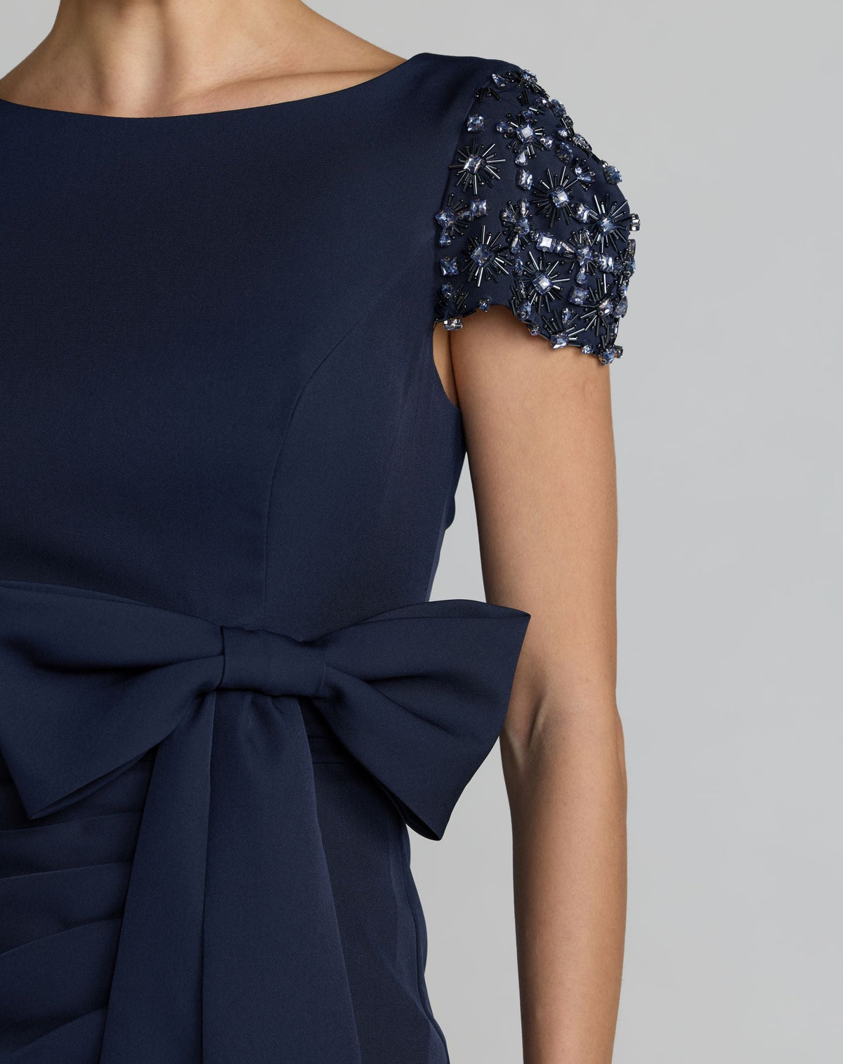 Mac Duggal Navy Beaded Cap Sleeve Crepe Gown With Bow and Slit
