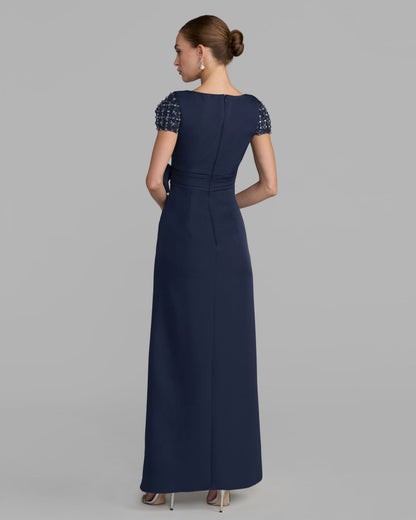 Mac Duggal Navy Beaded Cap Sleeve Crepe Gown With Bow and Slit
