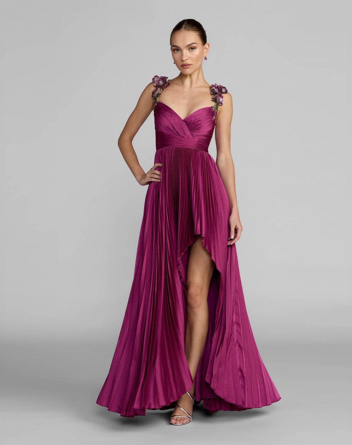 Mac Duggal Purple Pleated High Low Gown With 3D Floral Straps
