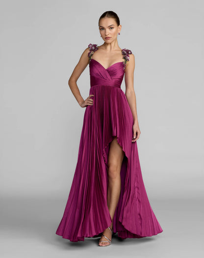Mac Duggal Purple Pleated High Low Gown With 3D Floral Straps