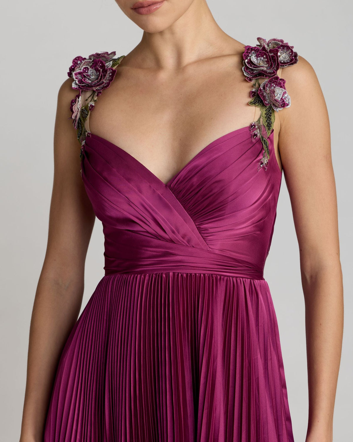 Mac Duggal Purple Pleated High Low Gown With 3D Floral Straps