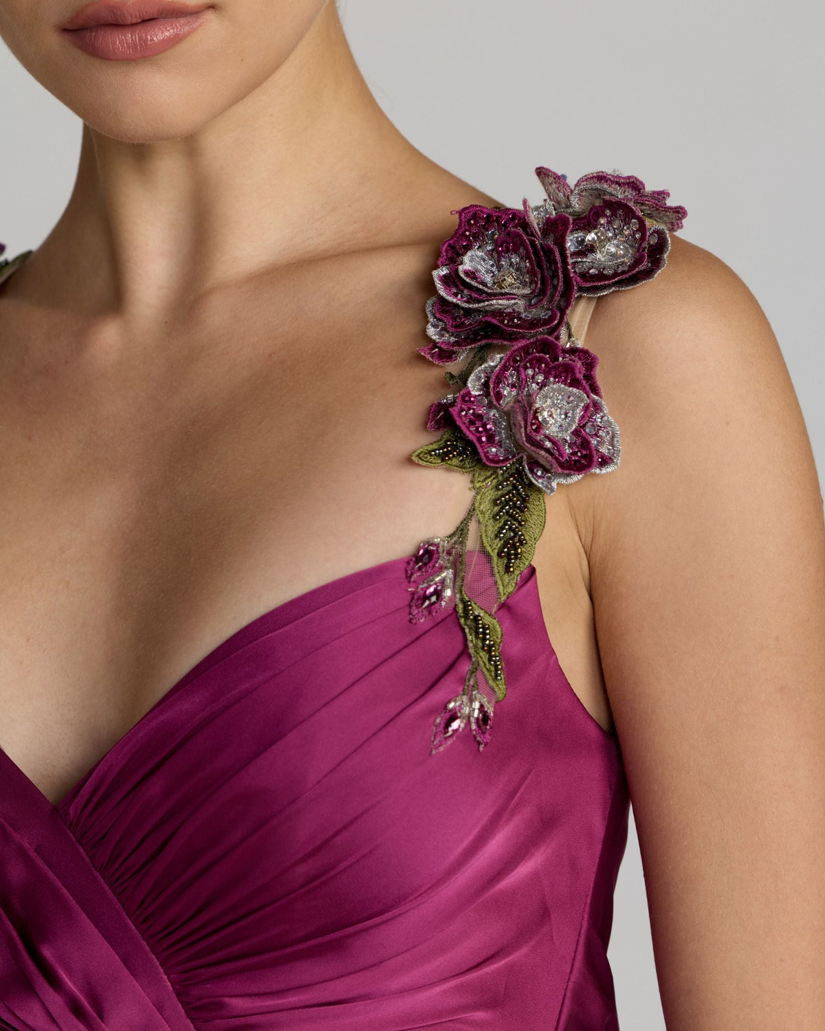 Mac Duggal Purple Pleated High Low Gown With 3D Floral Straps