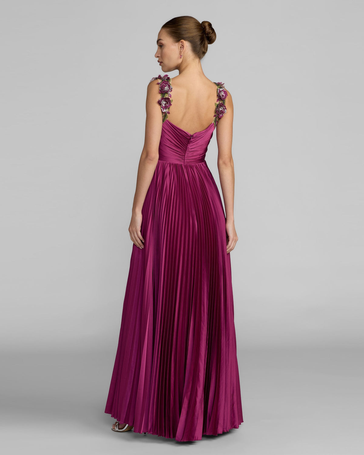 Mac Duggal Purple Pleated High Low Gown With 3D Floral Straps