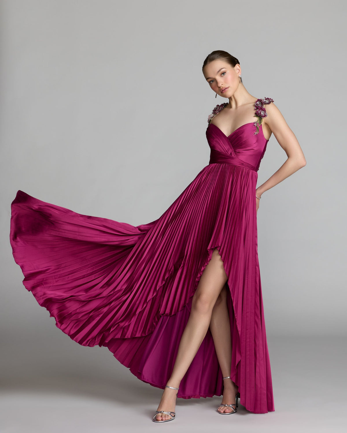 Mac Duggal Purple Pleated High Low Gown With 3D Floral Straps