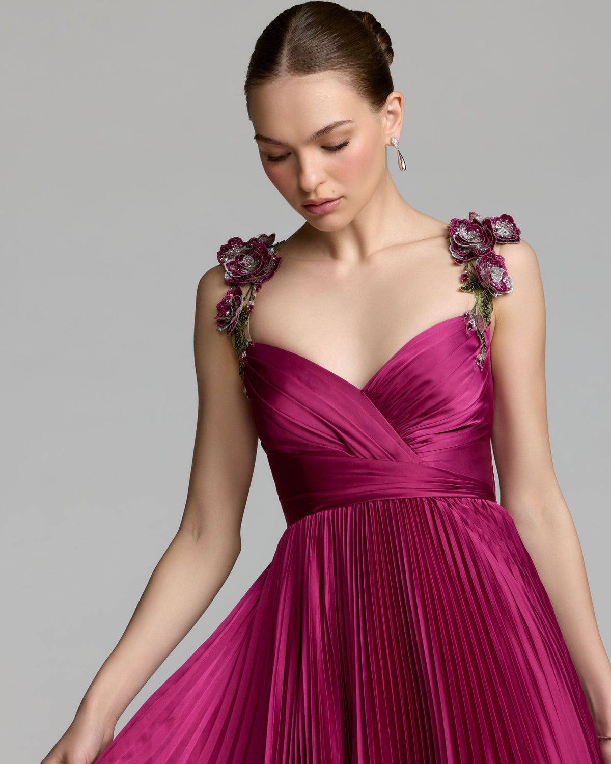 Mac Duggal Purple Pleated High Low Gown With 3D Floral Straps