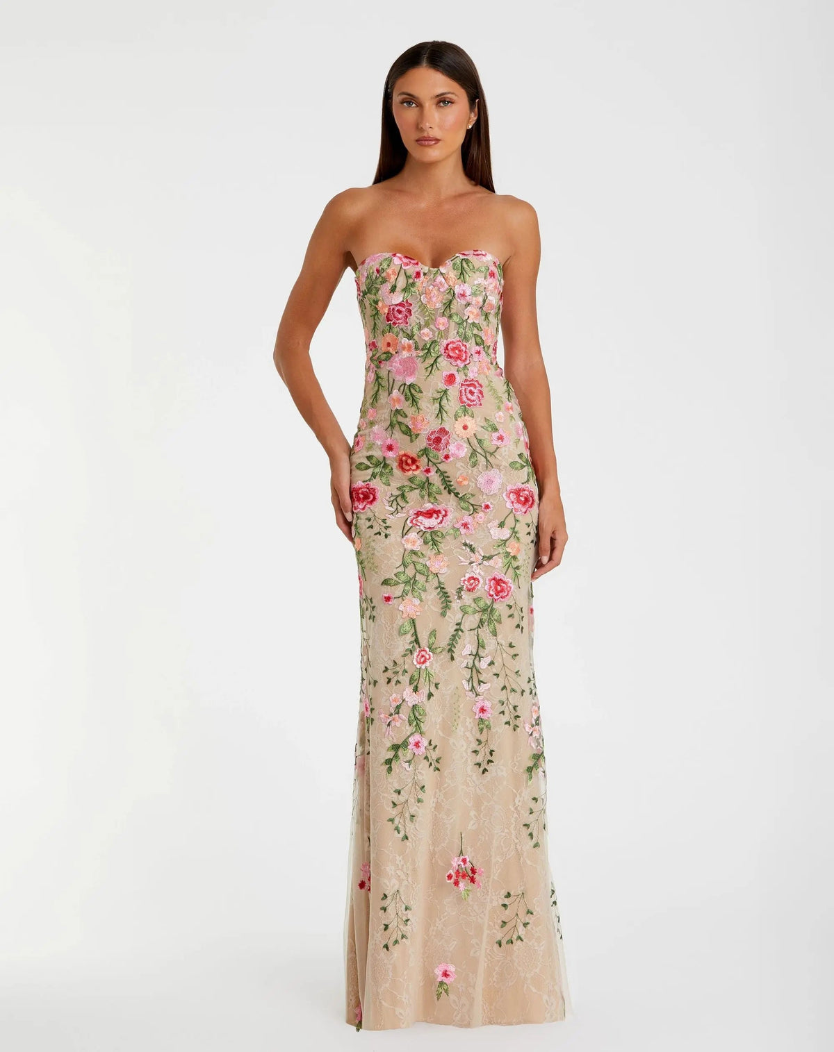 Mac Duggal Beige Floral Embroidered Strapless Bustier Gown