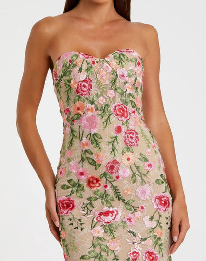 Mac Duggal Beige Floral Embroidered Strapless Bustier Gown