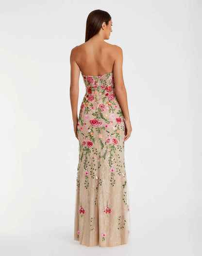 Mac Duggal Beige Floral Embroidered Strapless Bustier Gown