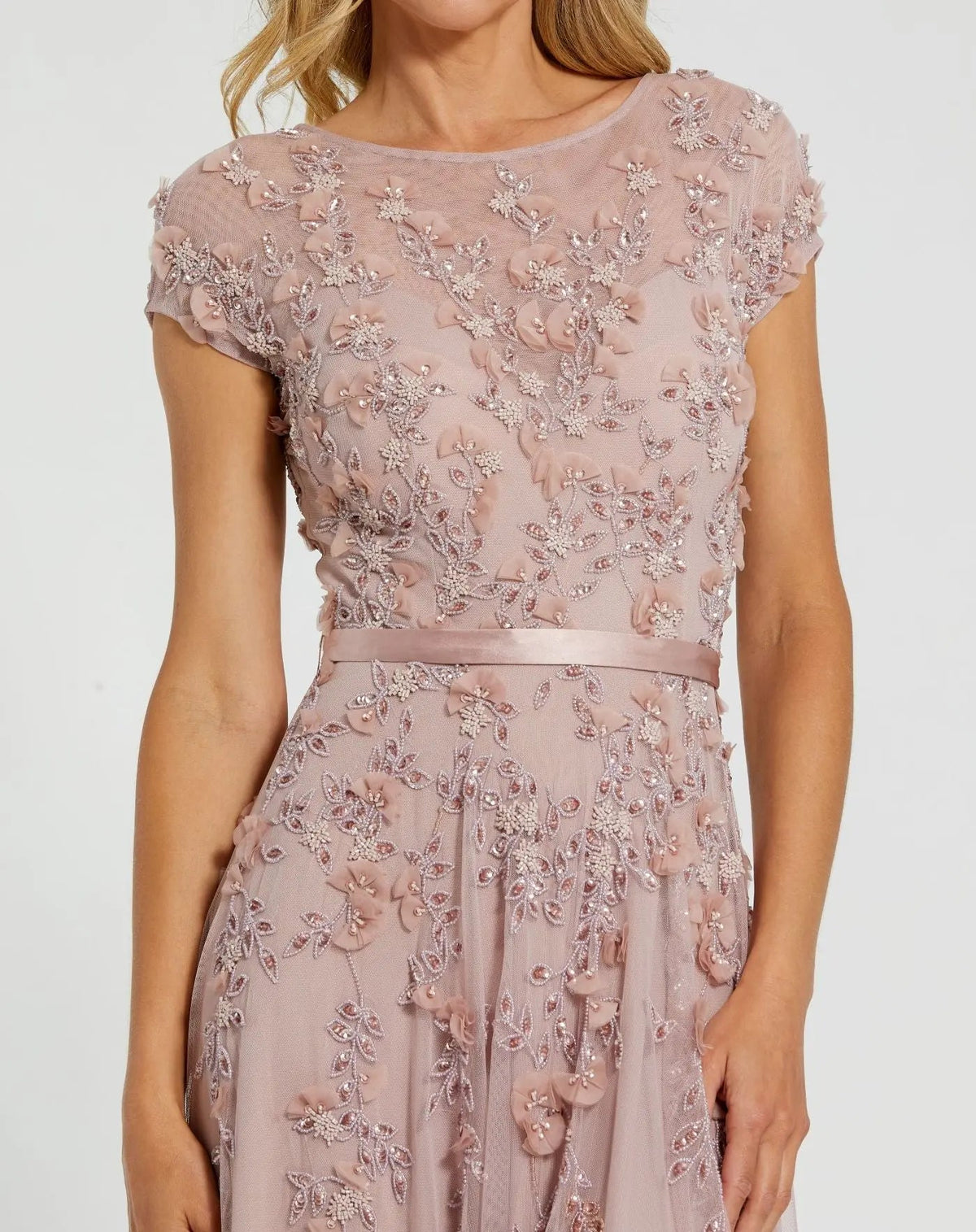 Mac Duggal Petite Pink Floral Embellished Cap Sleeve Gown