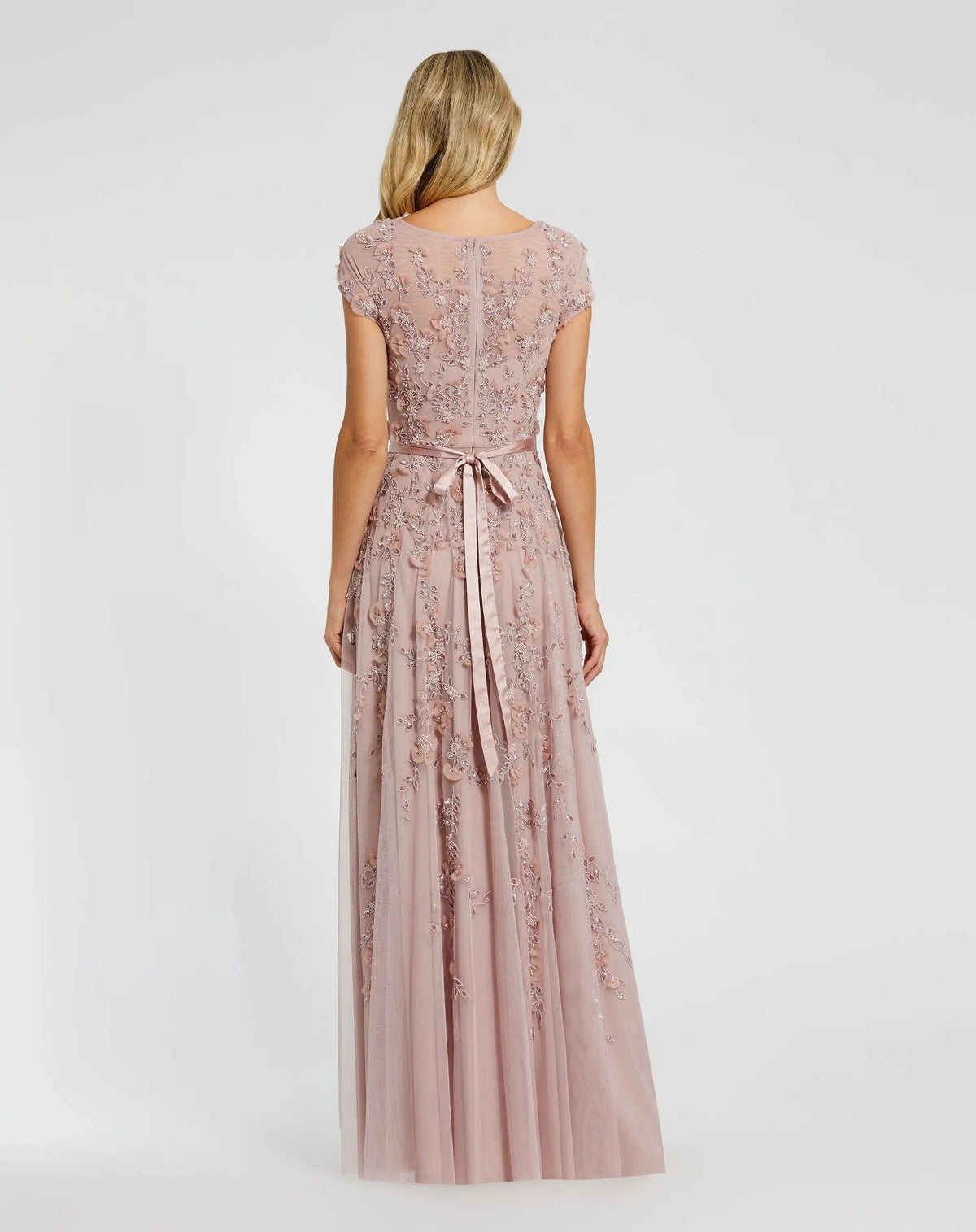 Mac Duggal Petite Pink Floral Embellished Cap Sleeve Gown