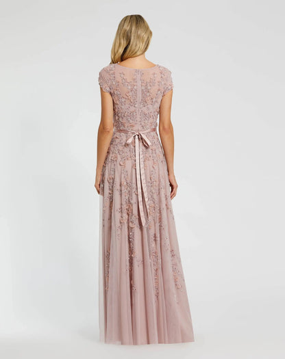 Mac Duggal Petite Pink Floral Embellished Cap Sleeve Gown
