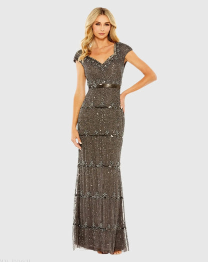 Mac Duggal Brown Sequin Cap Sleeve Sweetheart Column Gown