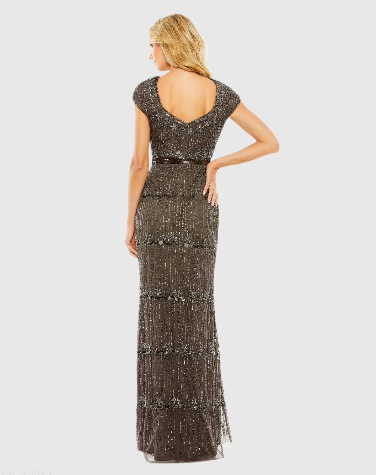 Mac Duggal Brown Sequin Cap Sleeve Sweetheart Column Gown