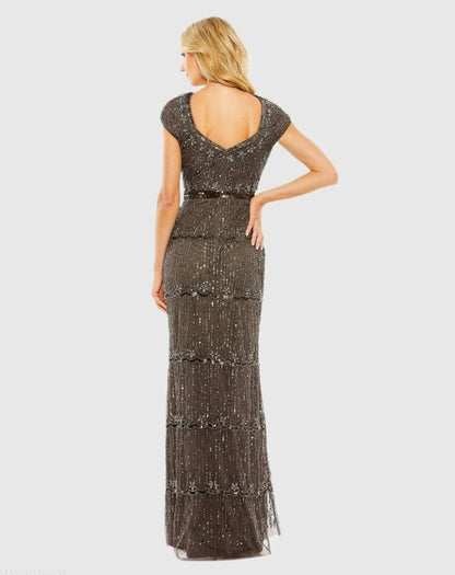 Mac Duggal Brown Sequin Cap Sleeve Sweetheart Column Gown