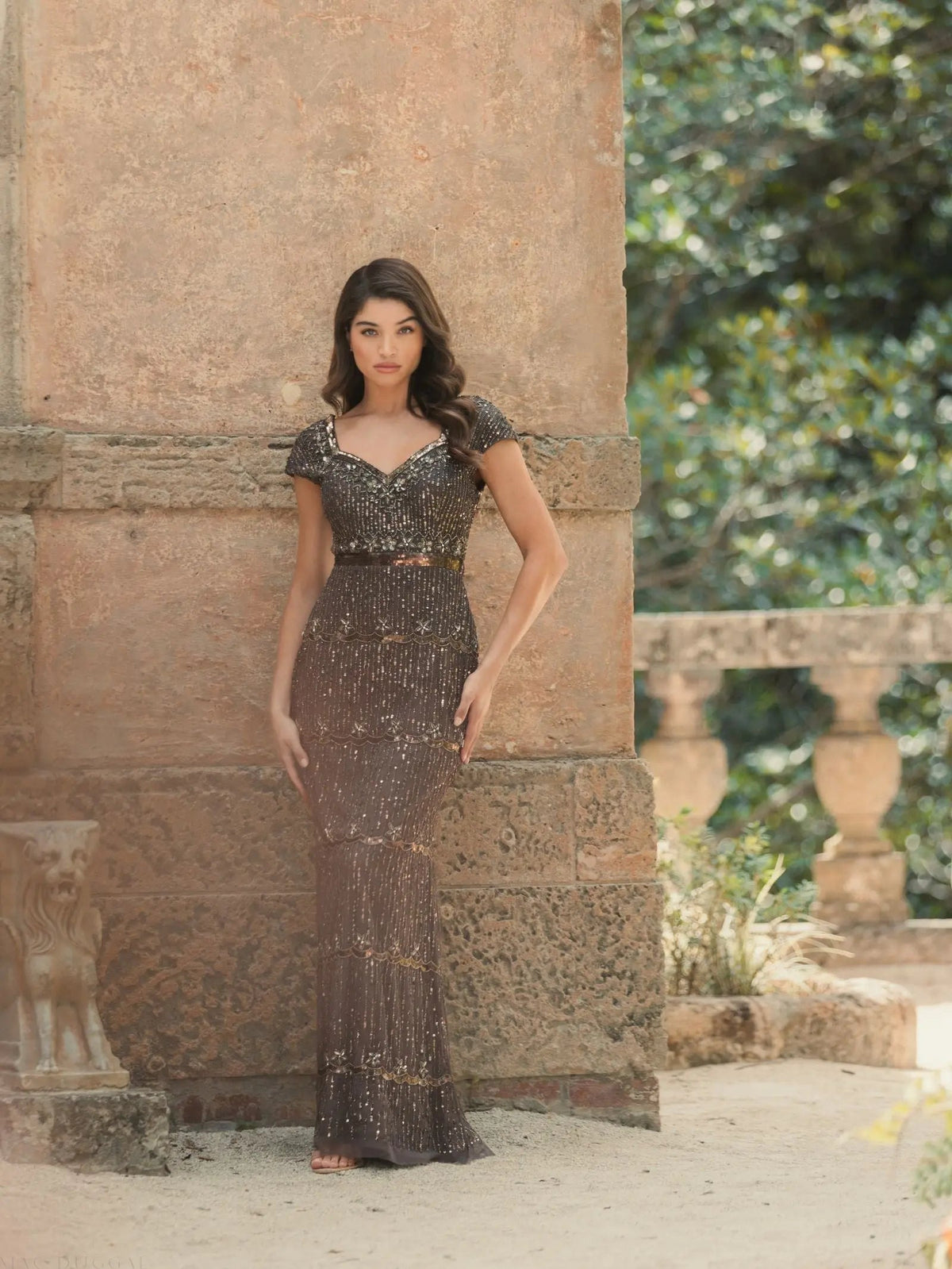 Mac Duggal Brown Sequin Cap Sleeve Sweetheart Column Gown