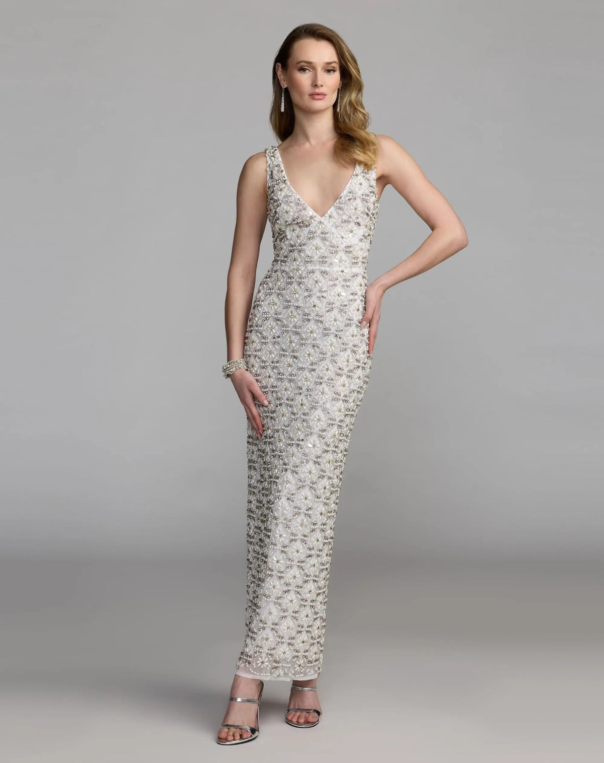 Mac Duggal White Pearl Embellished Sleeveless Column Dress