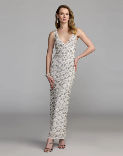 Mac Duggal White Pearl Embellished Sleeveless Column Dress