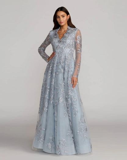Mac Duggal Blue Embroidered V-Neck Long Sleeve Gown