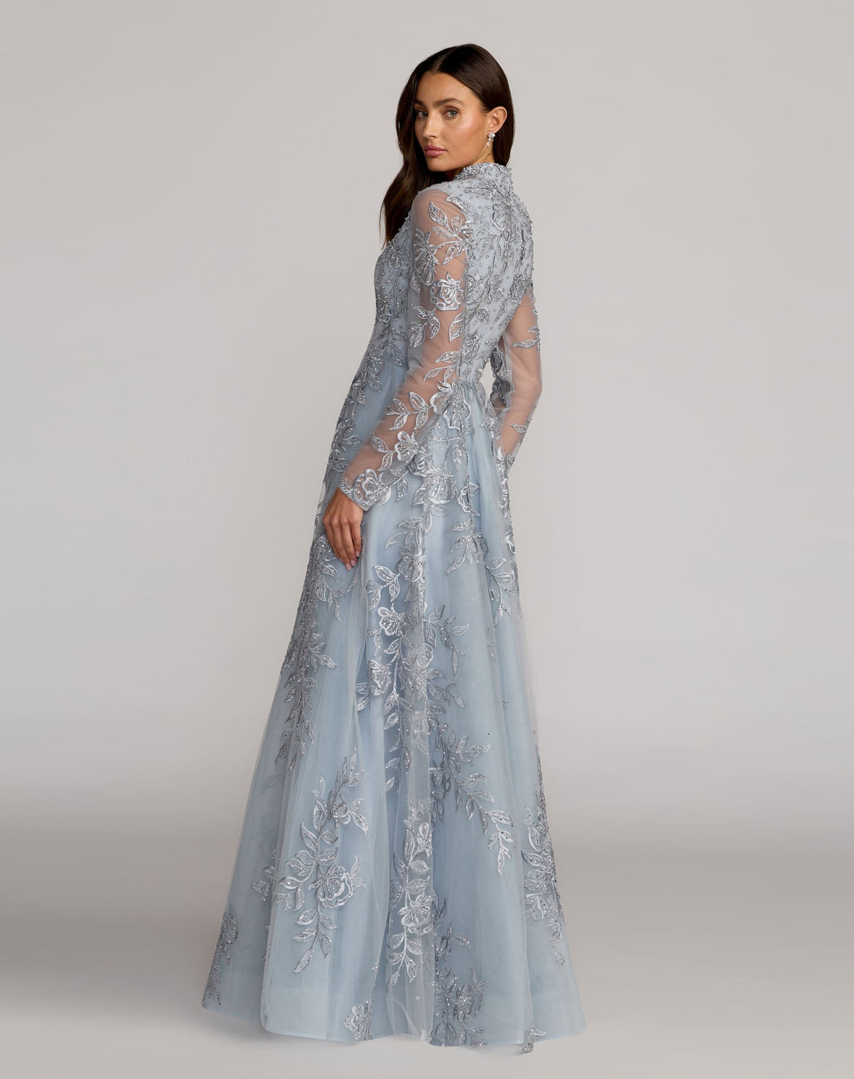 Mac Duggal Blue Embroidered V-Neck Long Sleeve Gown