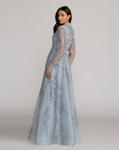 Mac Duggal Blue Embroidered V-Neck Long Sleeve Gown