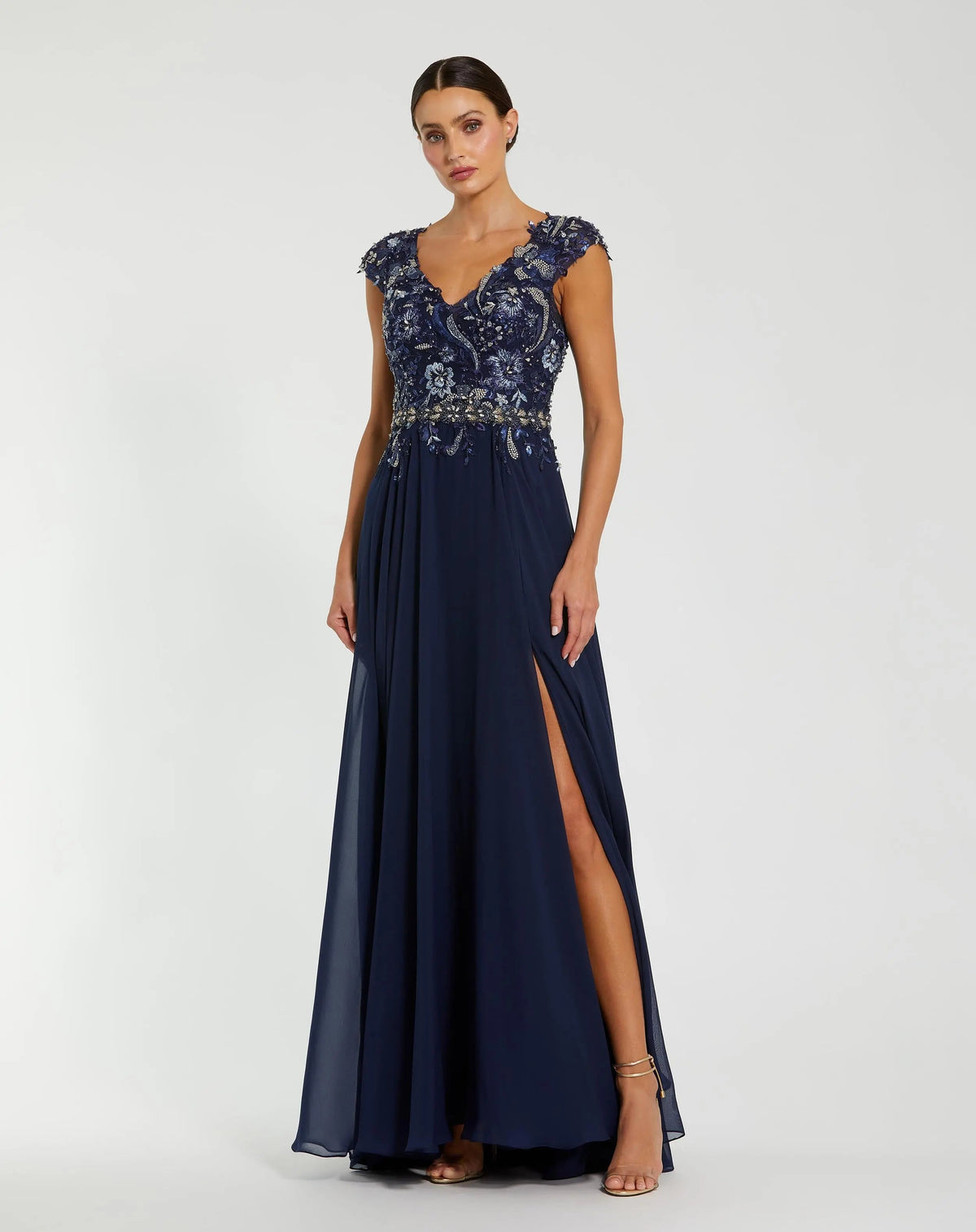 Mac Duggal Navy Embellished Chiffon Cap Sleeve A-Line Gown