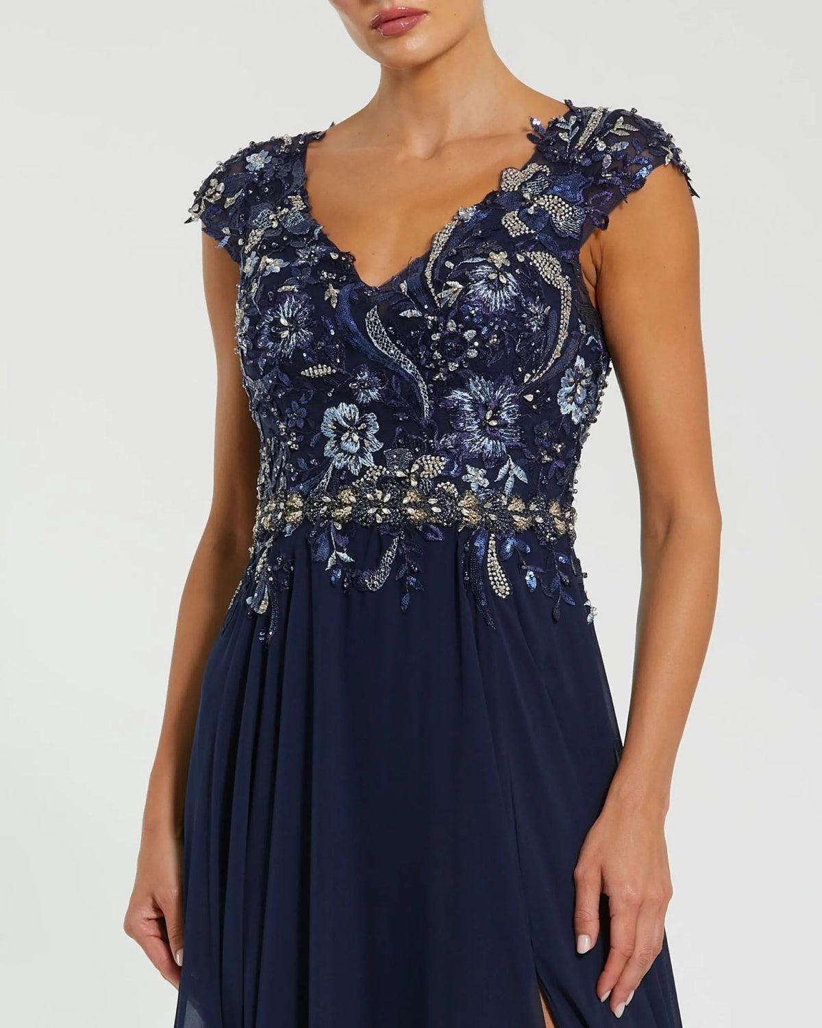 Mac Duggal Navy Embellished Chiffon Cap Sleeve A-Line Gown