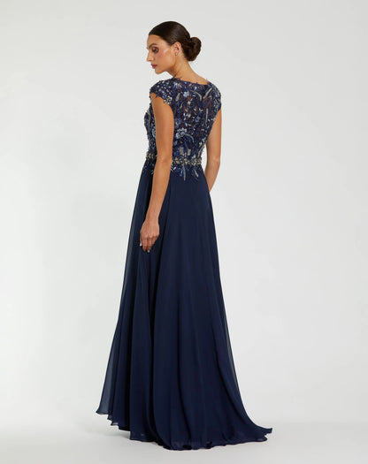Mac Duggal Navy Embellished Chiffon Cap Sleeve A-Line Gown