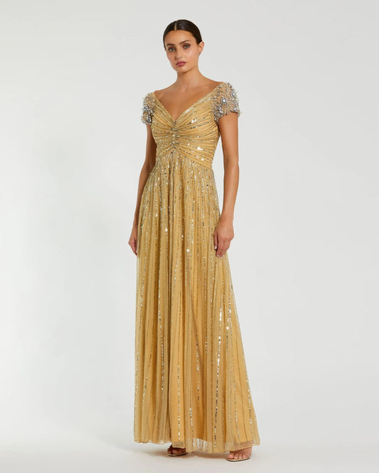 Mac Duggal Gold Sequined Evening Gown With Embellished Shoulders