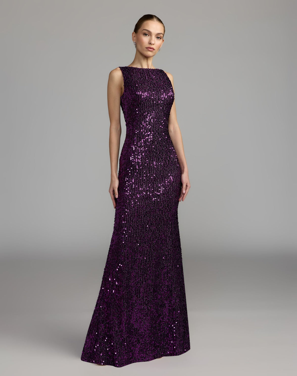 Mac Duggal Purple Sleeveless Cowl Back Sequin Evening Gown