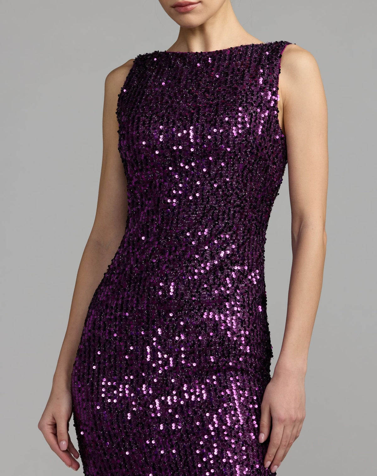 Mac Duggal Purple Sleeveless Cowl Back Sequin Evening Gown