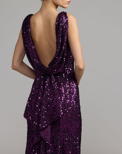 Mac Duggal Purple Sleeveless Cowl Back Sequin Evening Gown