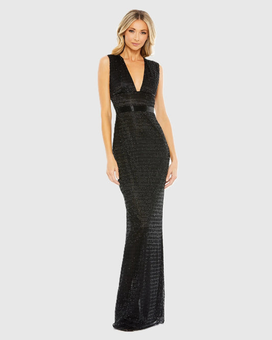 Mac Duggal Black Beaded Cap Sleeve V Neck Column Gown Duggal