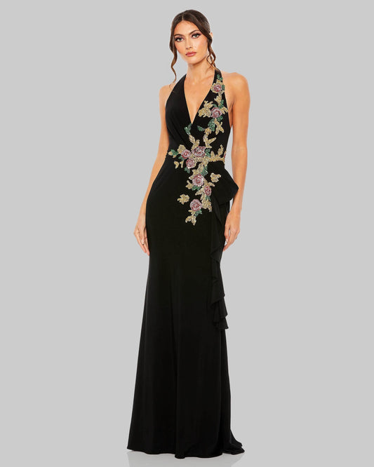 Mac Duggal Black Halter Floral Embellished Column Gown