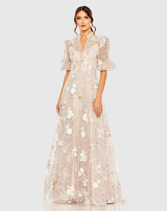 Mac Duggal Petite Pink Queen Anne Puff Sleeve A-Line Gown