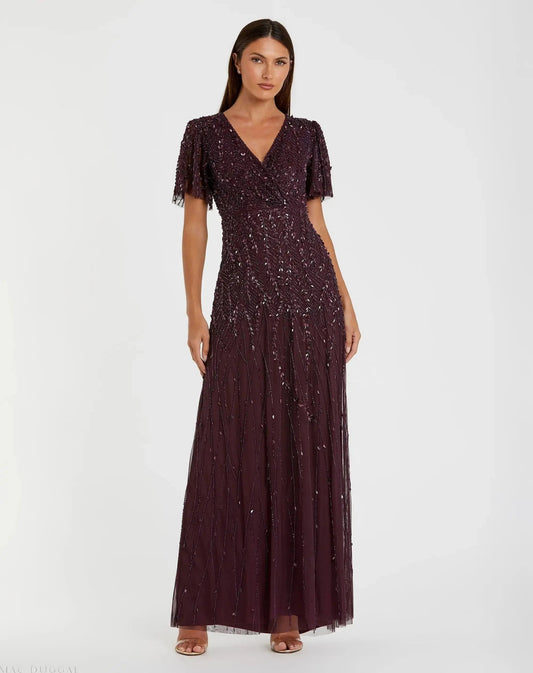 Mac Duggal Purple Embellished Flutter Sleeve Gown