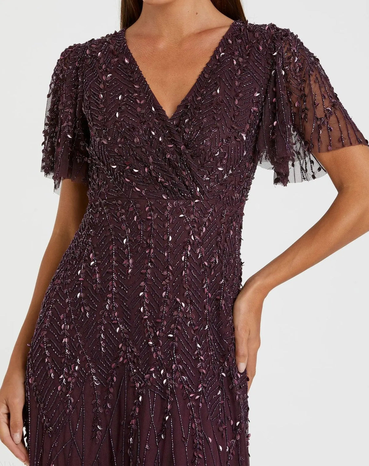 Mac Duggal Purple Embellished Flutter Sleeve Gown