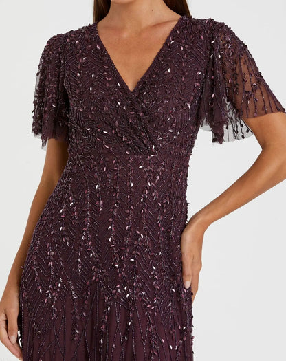 Mac Duggal Purple Embellished Flutter Sleeve Gown