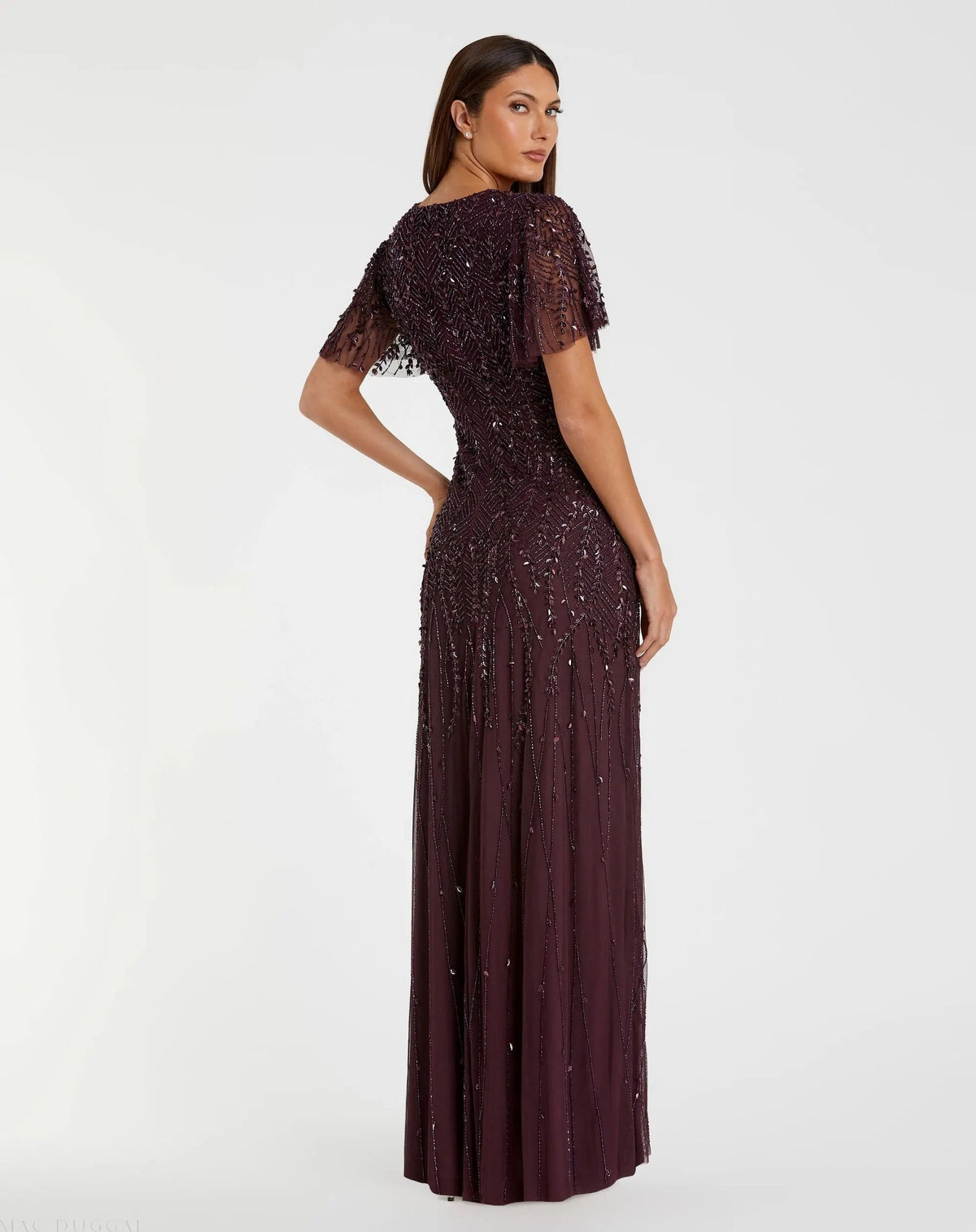 Mac Duggal Purple Embellished Flutter Sleeve Gown