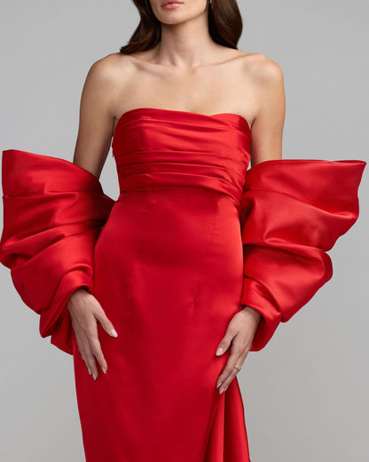 Mac Duggal Red Satin Column Gown With Oversized Bow