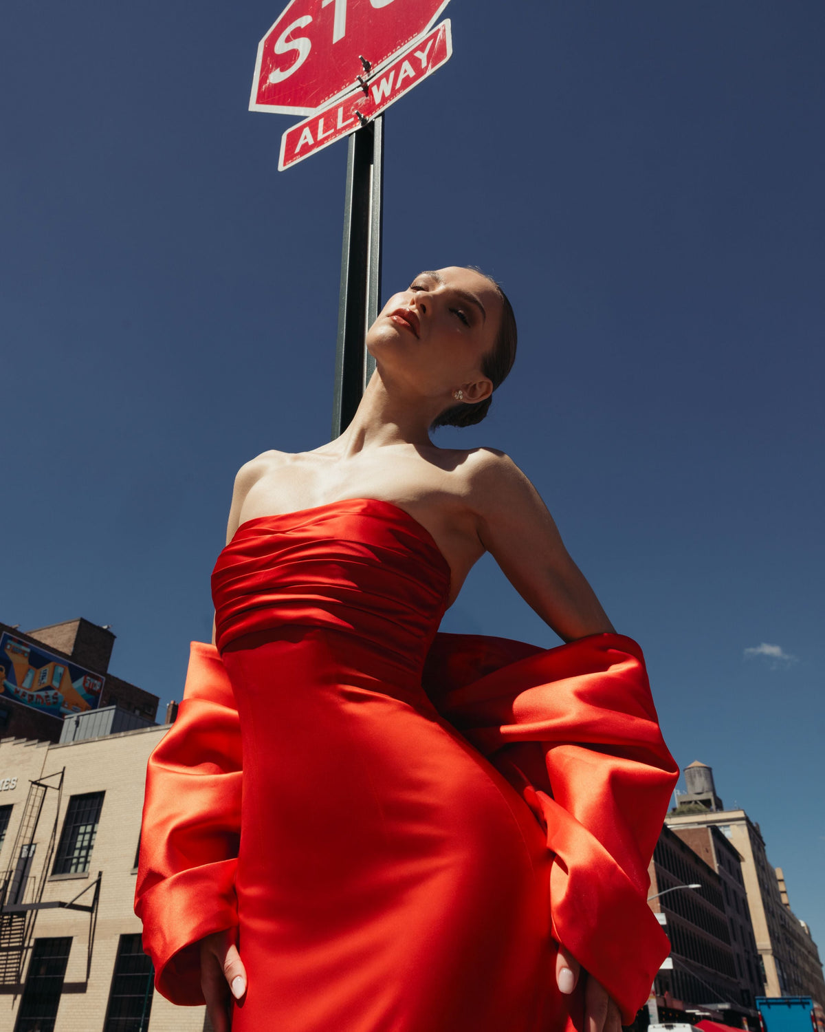 Mac Duggal Red Satin Column Gown With Oversized Bow