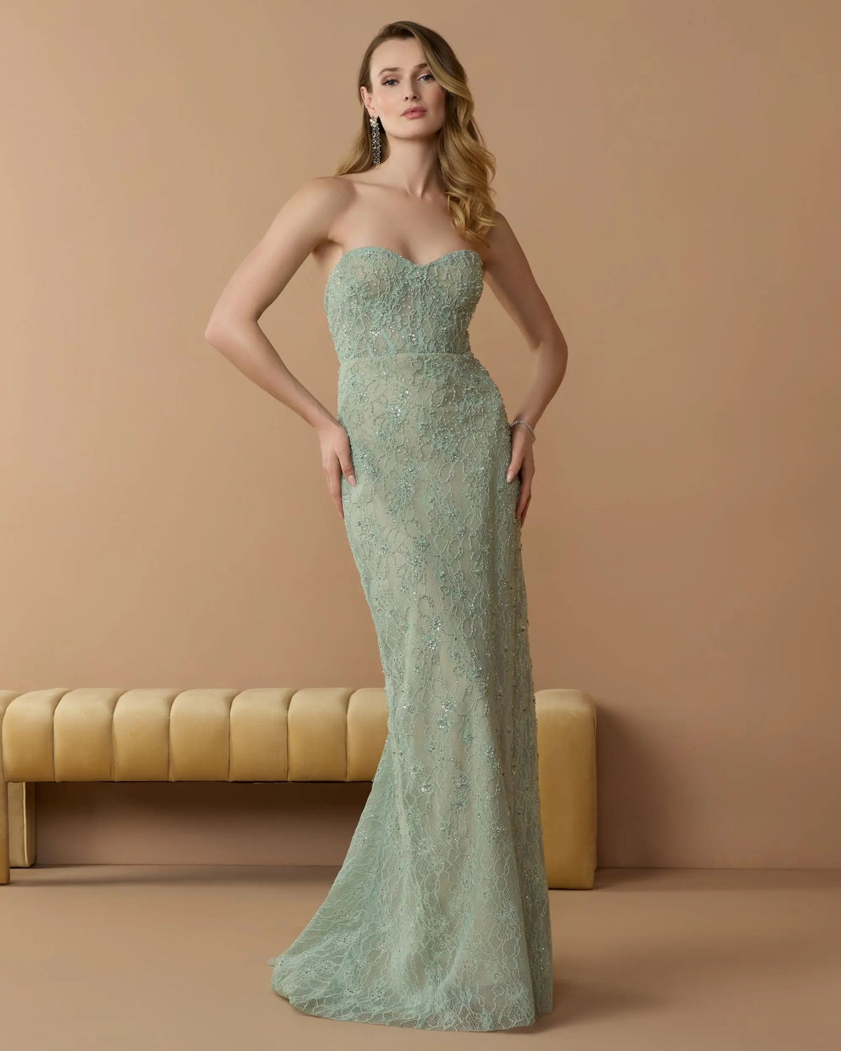 Mac Duggal Green Embellished Strapless Bustier Gown With Sweeping Train