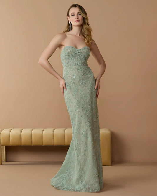 Mac Duggal Green Embellished Strapless Bustier Gown With Sweeping Train