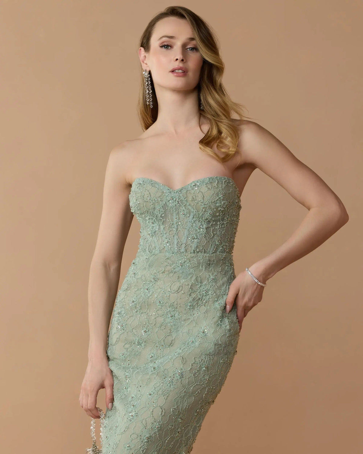 Mac Duggal Green Embellished Strapless Bustier Gown With Sweeping Train