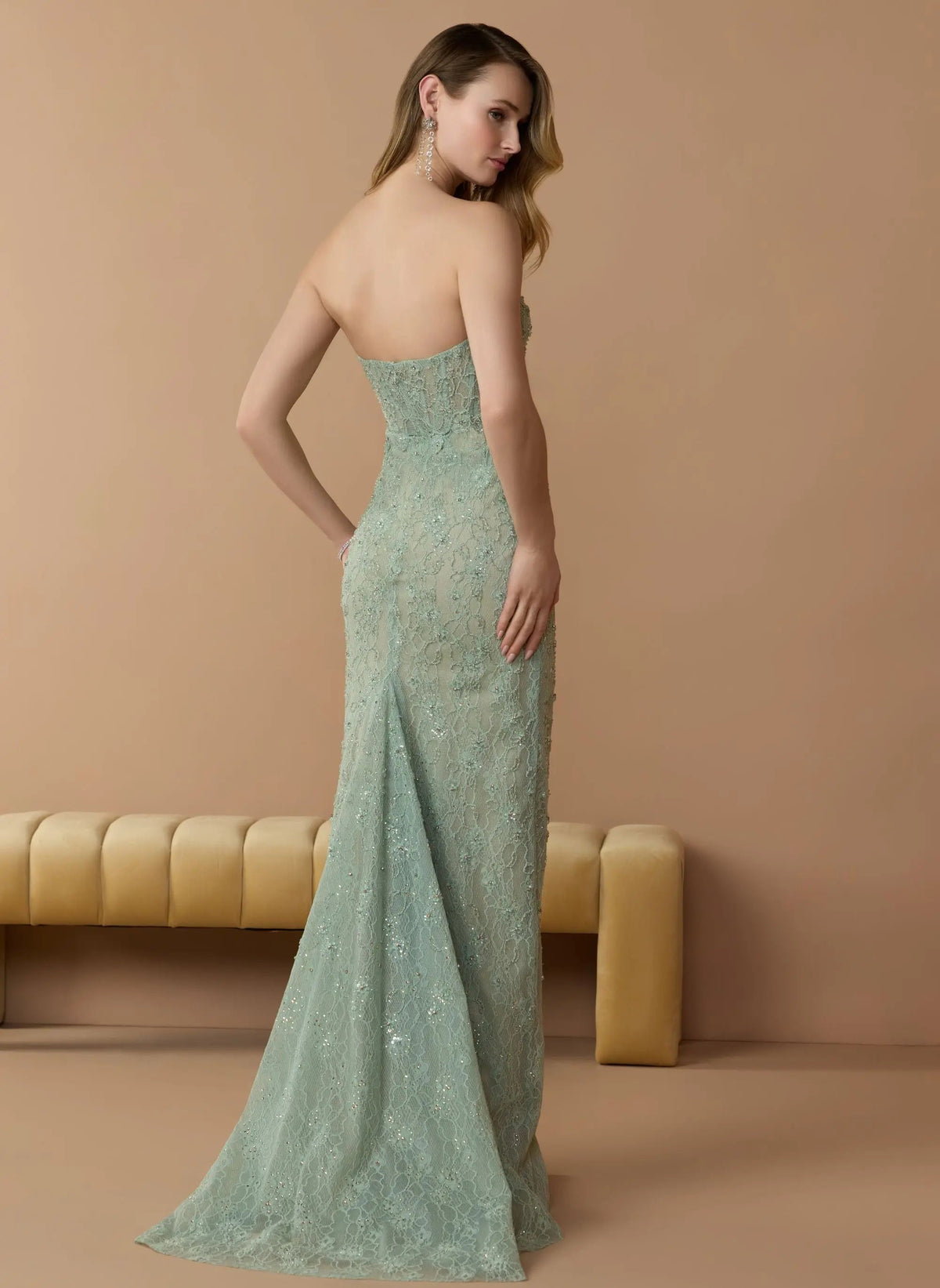 Mac Duggal Green Embellished Strapless Bustier Gown With Sweeping Train