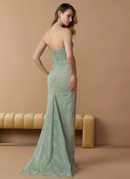 Mac Duggal Green Embellished Strapless Bustier Gown With Sweeping Train
