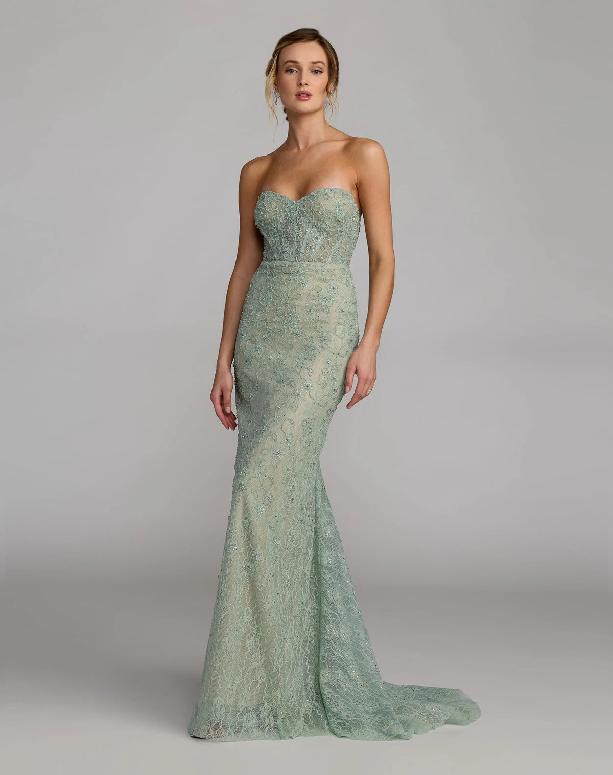 Mac Duggal Green Embellished Strapless Bustier Gown With Sweeping Train