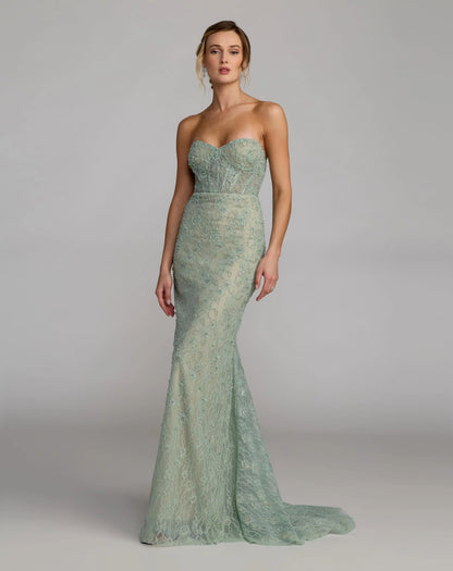 Mac Duggal Green Embellished Strapless Bustier Gown With Sweeping Train